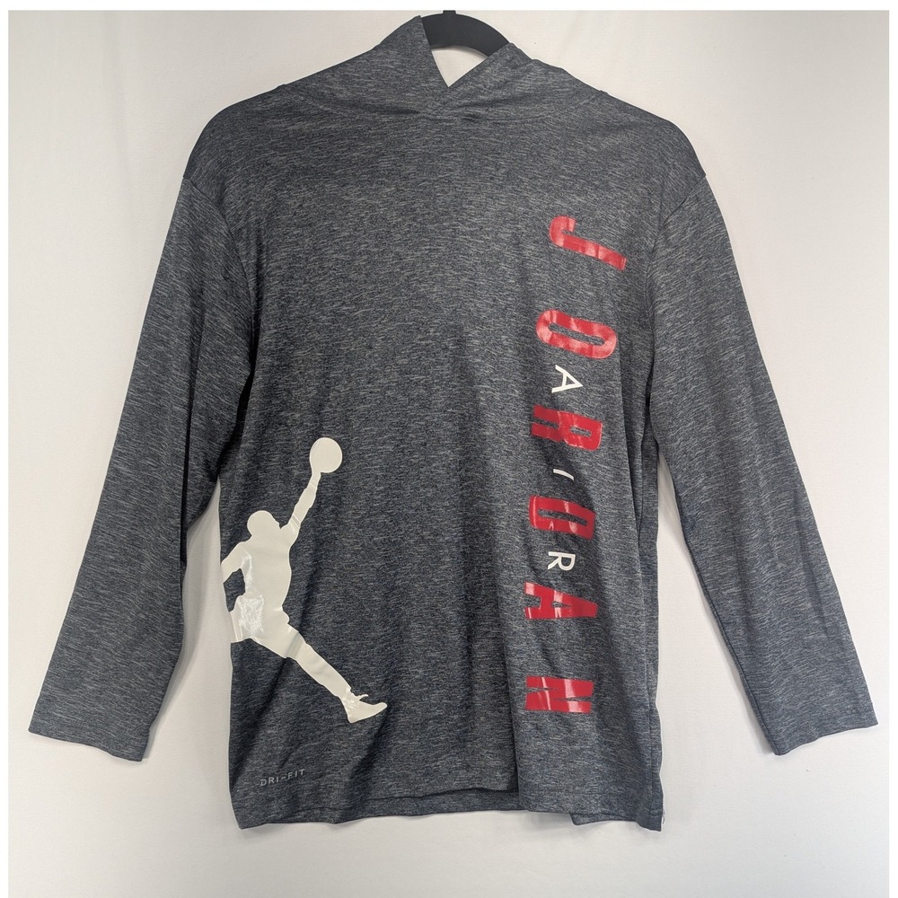Jordan Boys Dri-FIT Hooded Long Sleeve Shirt Gray Jumpman Graphic Large 12-13Y